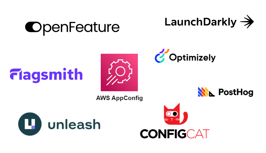 Imagen con logotipos de OpenFeature, LaunchDarkly, AWS AppConfig, Optimizely, PostHog, ConfigCat, Unleash y Flagsmith Algunas de las opciones más usadas para implementar feature flags